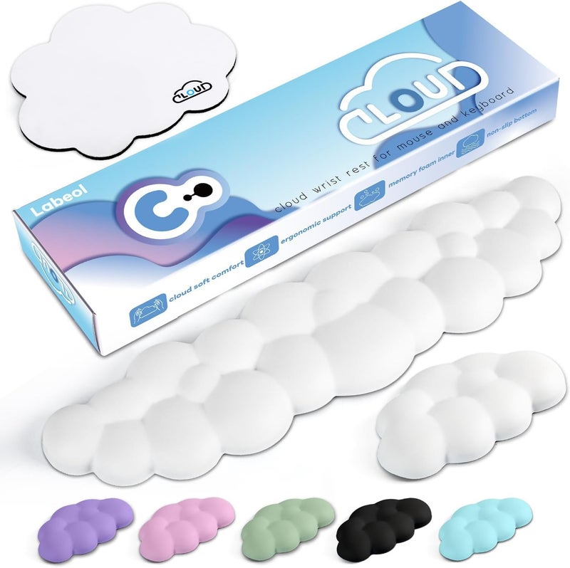 Labeol Cloud Wrist Rest for Computer Keyboard Arm Wrist Rest with Non-Slip Base Extended Wrist Rest Ergonomic Memory Foam for Keyboard and Mouse Typing Pain Relief, Office, Gaming, Computer (cloud white set) - Image 1
